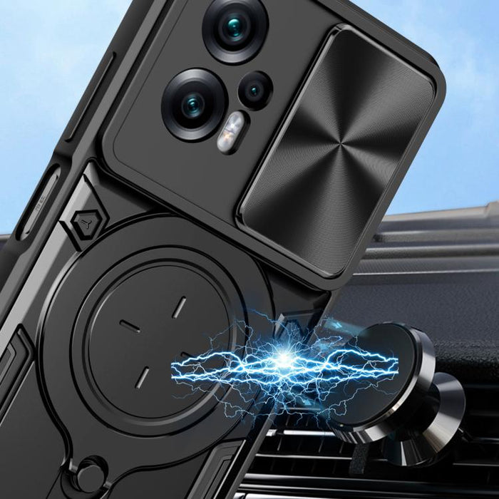 Caja del teléfono del soporte magnético del Camshield deslizante de la textura del CD, For Xiaomi Poco X4 GT