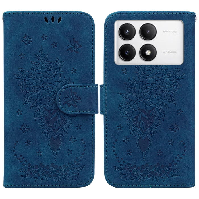 Funda para teléfono de cuero con relieve de mariposa y rosa, For Redmi 14C 4G, For Redmi 13 4G, For Redmi K70 / K70 Pro