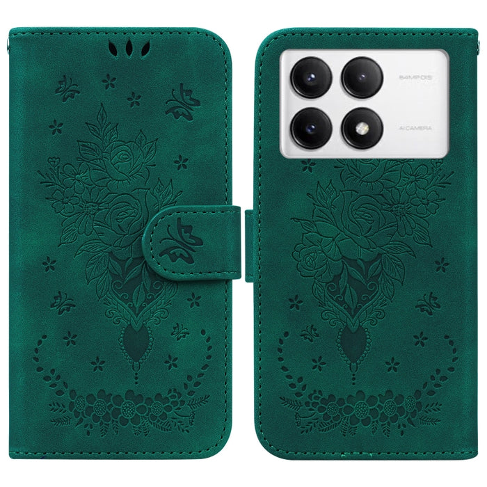 Funda para teléfono de cuero con relieve de mariposa y rosa, For Redmi 14C 4G, For Redmi 13 4G, For Redmi K70 / K70 Pro