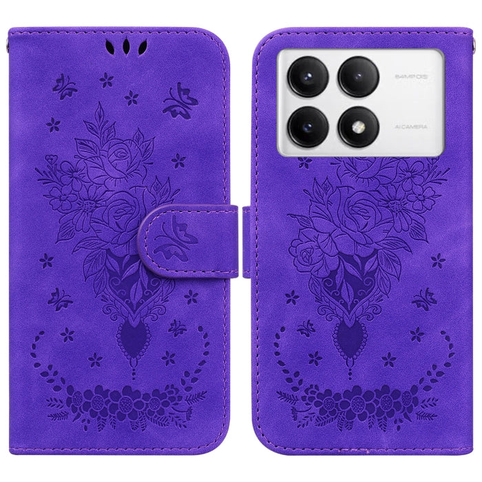 Funda para teléfono de cuero con relieve de mariposa y rosa, For Redmi 14C 4G, For Redmi 13 4G, For Redmi K70 / K70 Pro