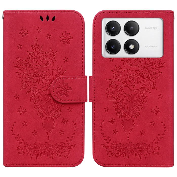 Funda para teléfono de cuero con relieve de mariposa y rosa, For Redmi 14C 4G, For Redmi 13 4G, For Redmi K70 / K70 Pro