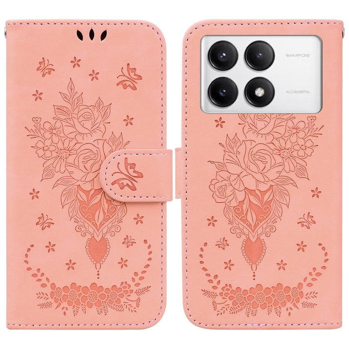 Funda para teléfono de cuero con relieve de mariposa y rosa, For Redmi 14C 4G, For Redmi 13 4G, For Redmi K70 / K70 Pro