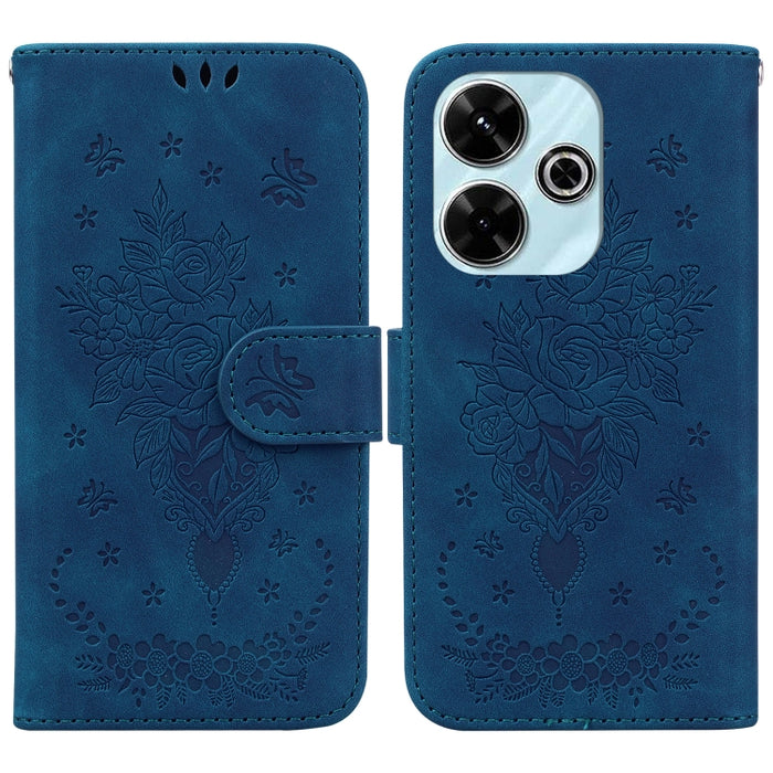 Funda para teléfono de cuero con relieve de mariposa y rosa, For Redmi 14C 4G, For Redmi 13 4G, For Redmi K70 / K70 Pro