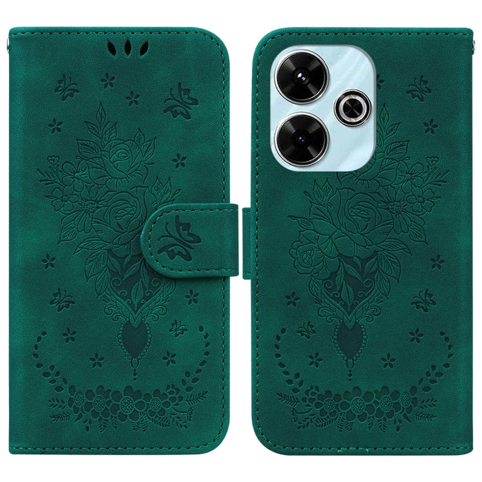 Funda para teléfono de cuero con relieve de mariposa y rosa, For Redmi 14C 4G, For Redmi 13 4G, For Redmi K70 / K70 Pro