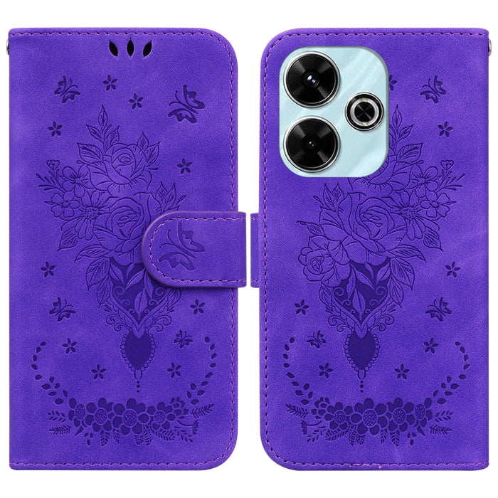 Funda para teléfono de cuero con relieve de mariposa y rosa, For Redmi 14C 4G, For Redmi 13 4G, For Redmi K70 / K70 Pro
