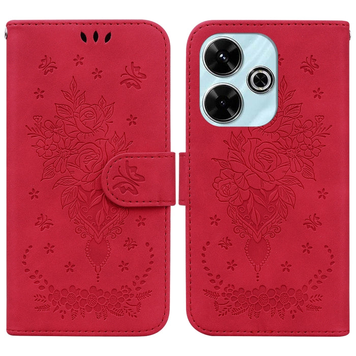 Funda para teléfono de cuero con relieve de mariposa y rosa, For Redmi 14C 4G, For Redmi 13 4G, For Redmi K70 / K70 Pro