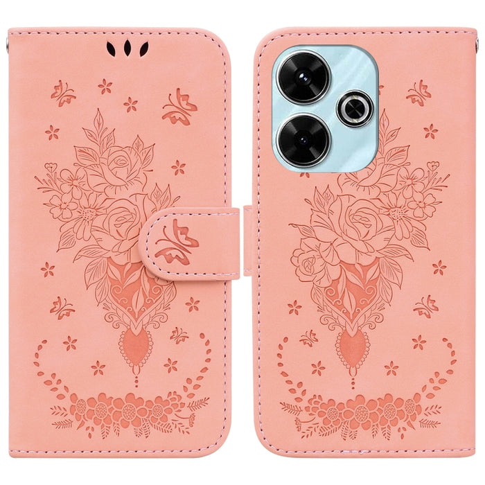Funda para teléfono de cuero con relieve de mariposa y rosa, For Redmi 14C 4G, For Redmi 13 4G, For Redmi K70 / K70 Pro
