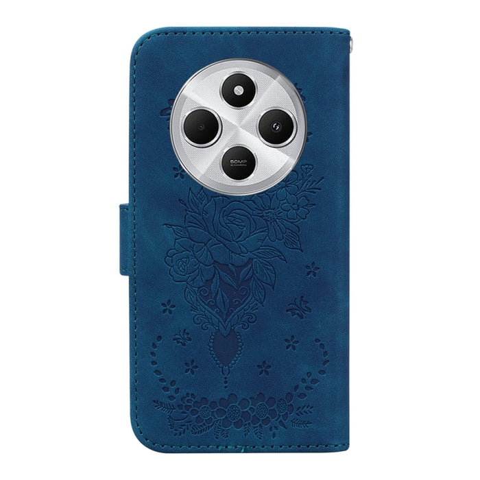 Funda para teléfono de cuero con relieve de mariposa y rosa, For Redmi 14C 4G, For Redmi 13 4G, For Redmi K70 / K70 Pro
