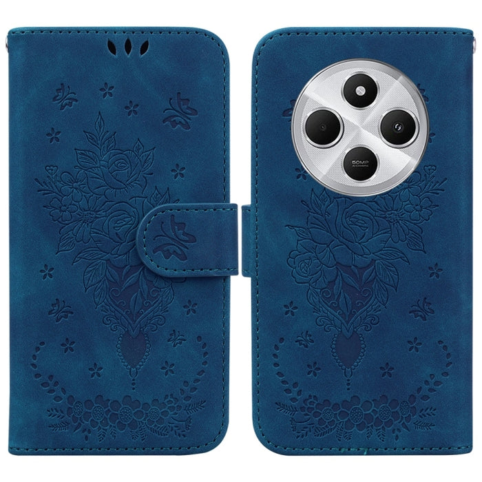 Funda para teléfono de cuero con relieve de mariposa y rosa, For Redmi 14C 4G, For Redmi 13 4G, For Redmi K70 / K70 Pro