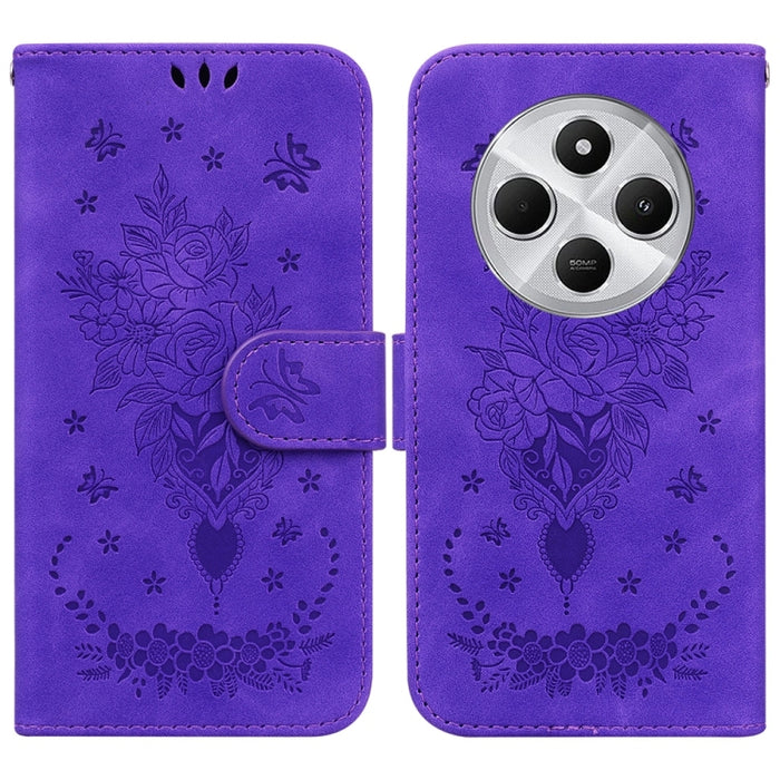 Funda para teléfono de cuero con relieve de mariposa y rosa, For Redmi 14C 4G, For Redmi 13 4G, For Redmi K70 / K70 Pro