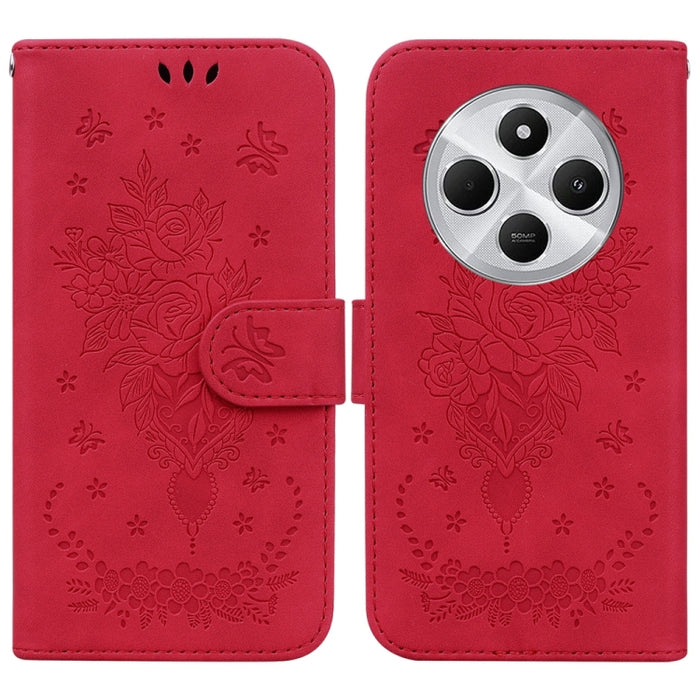 Funda para teléfono de cuero con relieve de mariposa y rosa, For Redmi 14C 4G, For Redmi 13 4G, For Redmi K70 / K70 Pro