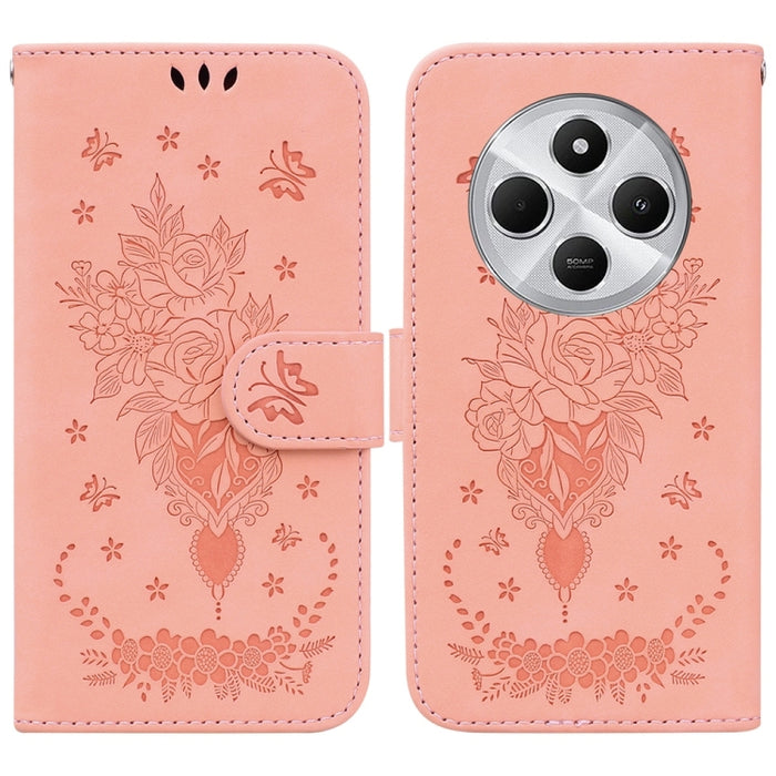 Funda para teléfono de cuero con relieve de mariposa y rosa, For Redmi 14C 4G, For Redmi 13 4G, For Redmi K70 / K70 Pro