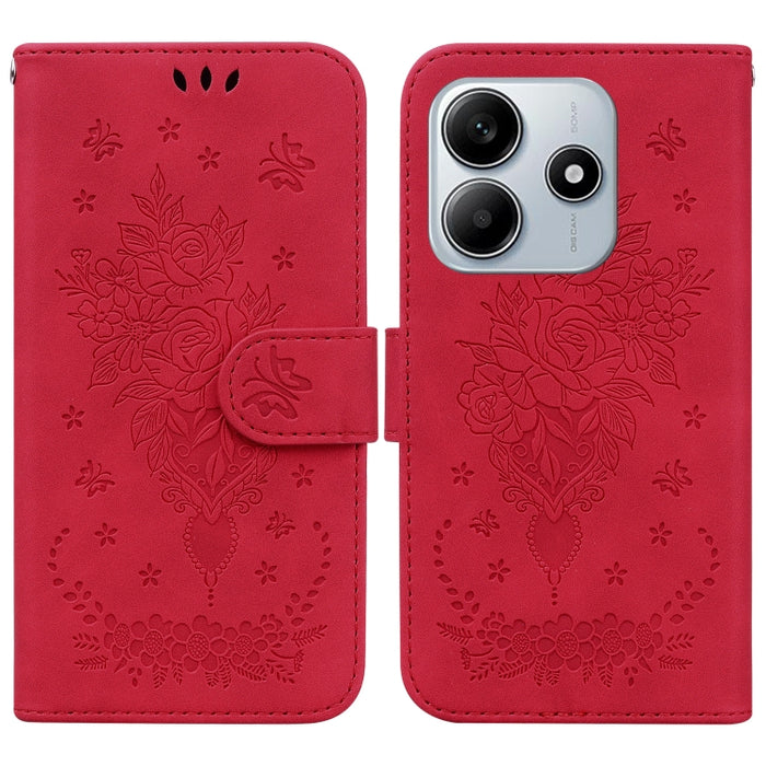 Funda para teléfono de cuero con relieve de mariposa y rosa, For Redmi A7 Pro 4G / 5G 171mm / Poco C85x 5G, For Redmi Turbo 5 Max 5G / Poco X8 Pro Max 5G, For Redmi Turbo 5 5G / Poco X8 Pro 5G, For Redmi Note 15 Pro+ 5G 163.3mm / Poco M8 Pro 5G        ...