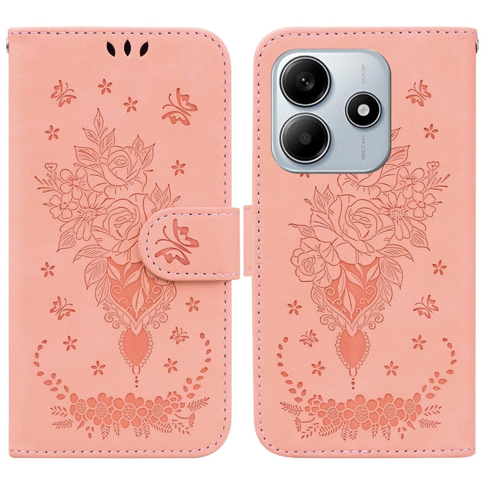 Funda para teléfono de cuero con relieve de mariposa y rosa, For Redmi A7 Pro 4G / 5G 171mm / Poco C85x 5G, For Redmi Turbo 5 Max 5G / Poco X8 Pro Max 5G, For Redmi Turbo 5 5G / Poco X8 Pro 5G, For Redmi Note 15 Pro+ 5G 163.3mm / Poco M8 Pro 5G        ...