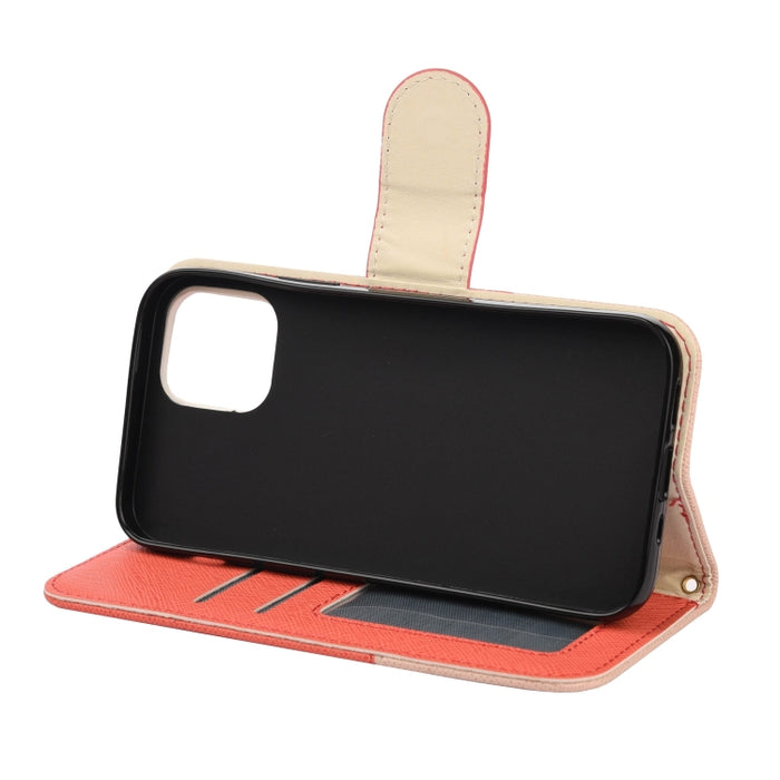 Estuche de cuero con tapa horizontal de color de empalme con soporte y marco de fotos y ranuras para tarjetas y billetera