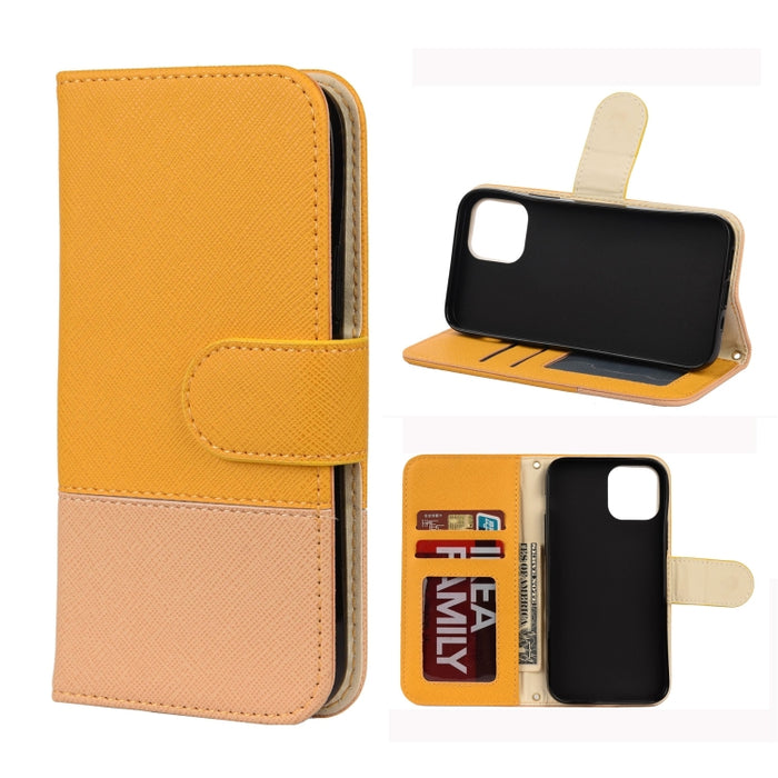 Estuche de cuero con tapa horizontal de color de empalme con soporte y marco de fotos y ranuras para tarjetas y billetera