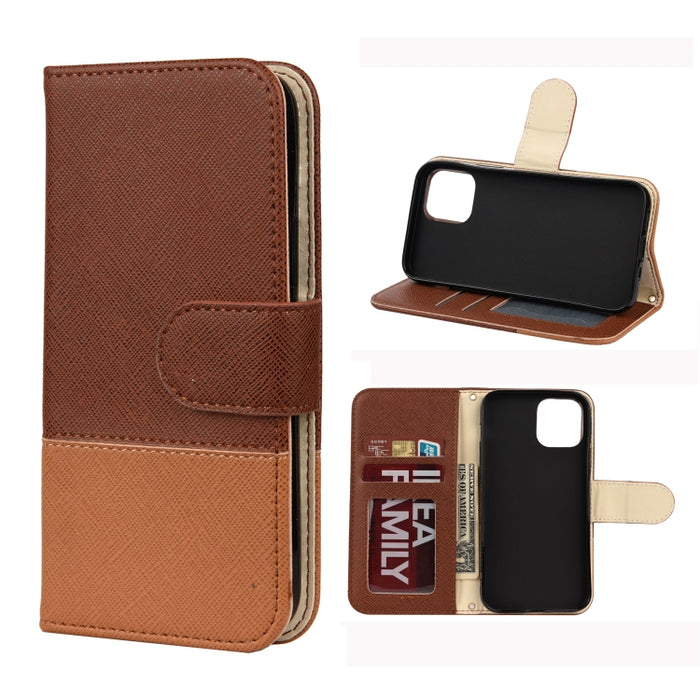 Estuche de cuero con tapa horizontal de color de empalme con soporte y marco de fotos y ranuras para tarjetas y billetera