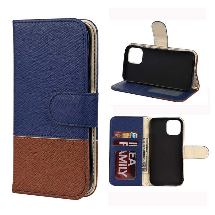 Estuche de cuero con tapa horizontal de color de empalme con soporte y marco de fotos y ranuras para tarjetas y billetera