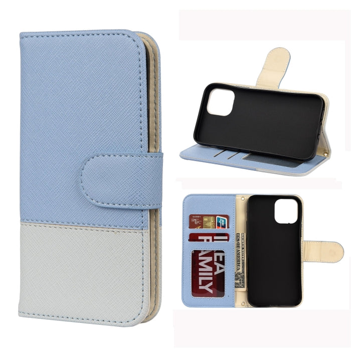 Estuche de cuero con tapa horizontal de color de empalme con soporte y marco de fotos y ranuras para tarjetas y billetera