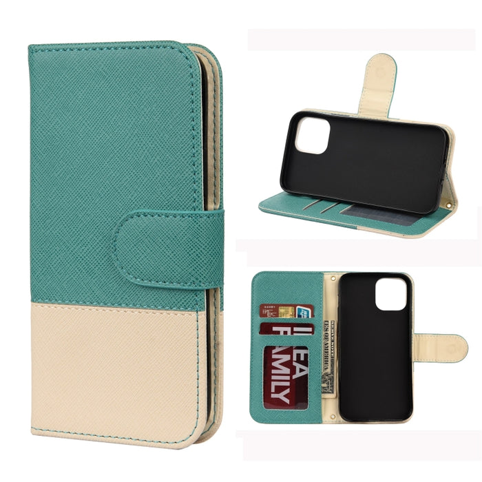 Estuche de cuero con tapa horizontal de color de empalme con soporte y marco de fotos y ranuras para tarjetas y billetera