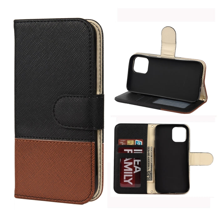 Estuche de cuero con tapa horizontal de color de empalme con soporte y marco de fotos y ranuras para tarjetas y billetera