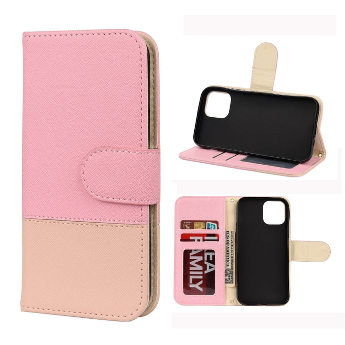 Estuche de cuero con tapa horizontal de color de empalme con soporte y marco de fotos y ranuras para tarjetas y billetera