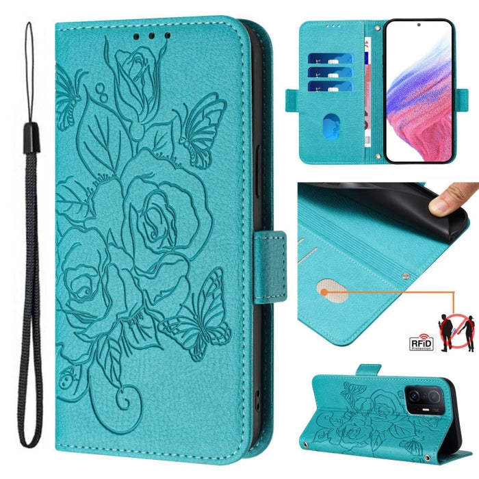 Funda de cuero antirrobo para teléfono con RFID y diseño de rosas en relieve, For Xiaomi Poco X4 Pro 5G, For Xiaomi Mi 11 Lite, For Xiaomi 11T / 11T Pro, For Xiaomi Poco X3 GT, For Xiaomi Poco X3 / X3 NFC / X3 Pro, For Xiaomi Mi 11 Ultra               ...