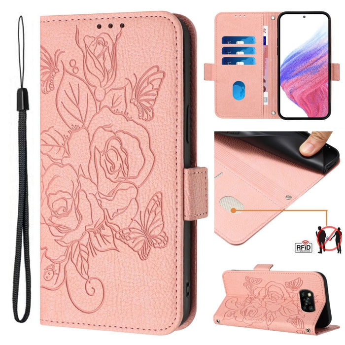 Funda de cuero antirrobo para teléfono con RFID y diseño de rosas en relieve, For Xiaomi Poco X4 Pro 5G, For Xiaomi Mi 11 Lite, For Xiaomi 11T / 11T Pro, For Xiaomi Poco X3 GT, For Xiaomi Poco X3 / X3 NFC / X3 Pro, For Xiaomi Mi 11 Ultra               ...