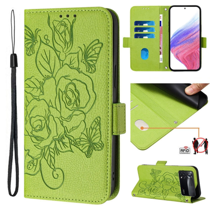Funda de cuero antirrobo para teléfono con RFID y diseño de rosas en relieve, For Xiaomi Poco X4 Pro 5G, For Xiaomi Mi 11 Lite, For Xiaomi 11T / 11T Pro, For Xiaomi Poco X3 GT, For Xiaomi Poco X3 / X3 NFC / X3 Pro, For Xiaomi Mi 11 Ultra               ...