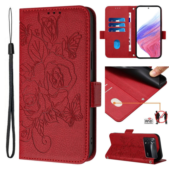Funda de cuero antirrobo para teléfono con RFID y diseño de rosas en relieve, For Xiaomi Poco X4 Pro 5G, For Xiaomi Mi 11 Lite, For Xiaomi 11T / 11T Pro, For Xiaomi Poco X3 GT, For Xiaomi Poco X3 / X3 NFC / X3 Pro, For Xiaomi Mi 11 Ultra               ...