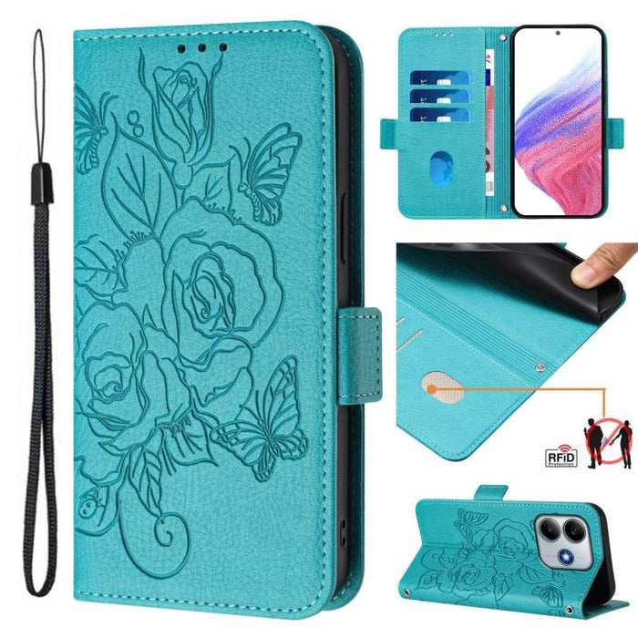 Funda de cuero antirrobo para teléfono con RFID y diseño de rosas en relieve, For Xiaomi Poco M7 4G 169mm, For Redmi 15 5G Global / 15 4G SEA 169.5mm, For Xiaomi 15T Pro 5G, For Xiaomi 15T 5G, For Xiaomi Civi 5 Pro 5G, For Xiaomi 15S Pro 5G            ...