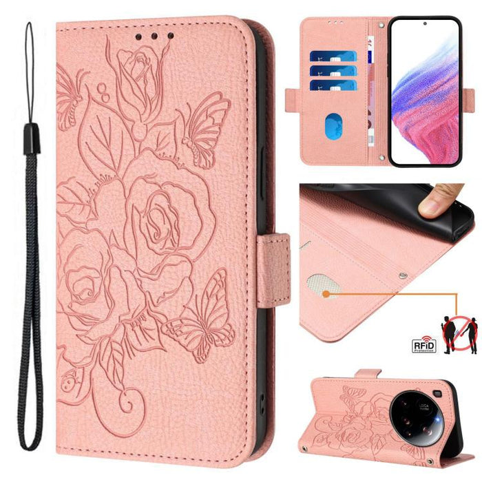 Funda de cuero antirrobo para teléfono con RFID y diseño de rosas en relieve, For Xiaomi Poco M7 4G 169mm, For Redmi 15 5G Global / 15 4G SEA 169.5mm, For Xiaomi 15T Pro 5G, For Xiaomi 15T 5G, For Xiaomi Civi 5 Pro 5G, For Xiaomi 15S Pro 5G            ...