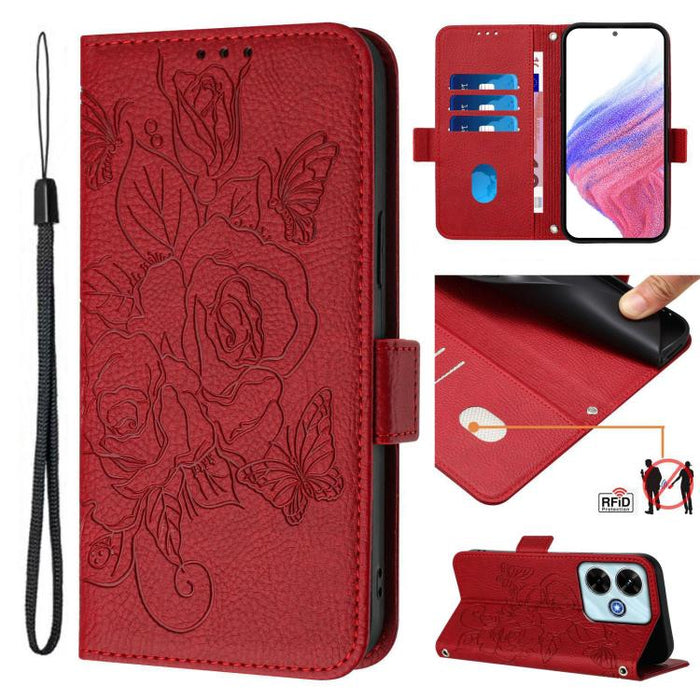 Funda de cuero antirrobo para teléfono con RFID y diseño de rosas en relieve, For Xiaomi Poco M7 4G 169mm, For Redmi 15 5G Global / 15 4G SEA 169.5mm, For Xiaomi 15T Pro 5G, For Xiaomi 15T 5G, For Xiaomi Civi 5 Pro 5G, For Xiaomi 15S Pro 5G            ...