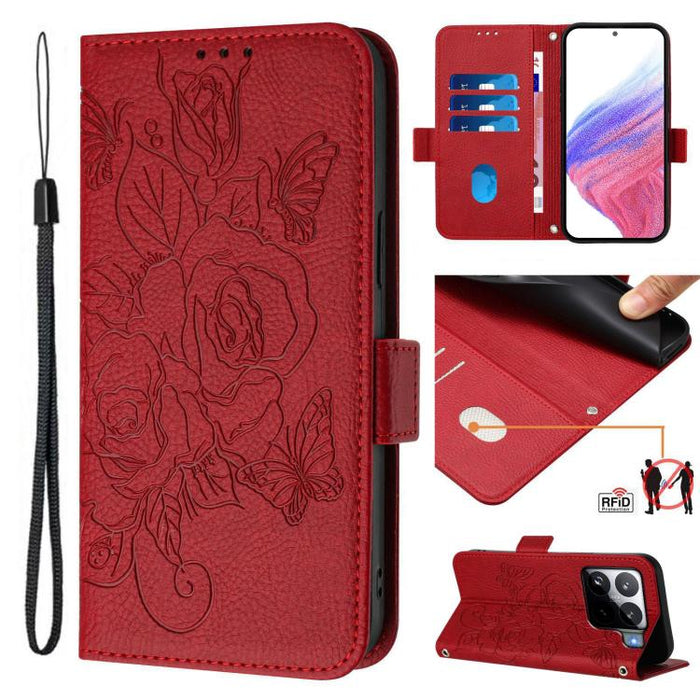 Funda de cuero antirrobo para teléfono con RFID y diseño de rosas en relieve, For Xiaomi Poco M7 4G 169mm, For Redmi 15 5G Global / 15 4G SEA 169.5mm, For Xiaomi 15T Pro 5G, For Xiaomi 15T 5G, For Xiaomi Civi 5 Pro 5G, For Xiaomi 15S Pro 5G            ...