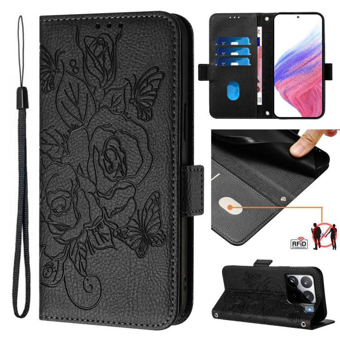 Funda de cuero antirrobo para teléfono con RFID y diseño de rosas en relieve, For Xiaomi Poco M7 4G 169mm, For Redmi 15 5G Global / 15 4G SEA 169.5mm, For Xiaomi 15T Pro 5G, For Xiaomi 15T 5G, For Xiaomi Civi 5 Pro 5G, For Xiaomi 15S Pro 5G            ...