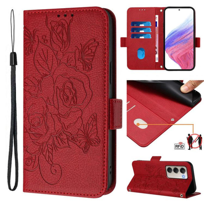 Funda de cuero antirrobo para teléfono con RFID y diseño de rosas en relieve, For Xiaomi Poco M7 4G 169mm, For Redmi 15 5G Global / 15 4G SEA 169.5mm, For Xiaomi 15T Pro 5G, For Xiaomi 15T 5G, For Xiaomi Civi 5 Pro 5G, For Xiaomi 15S Pro 5G            ...