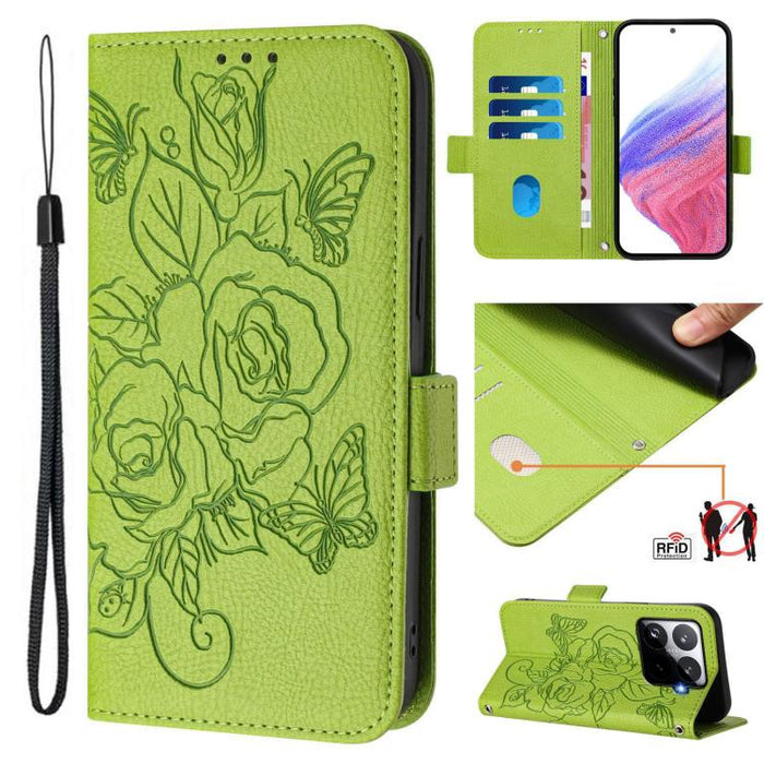 Funda de cuero antirrobo para teléfono con RFID y diseño de rosas en relieve, For Xiaomi Poco M7 4G 169mm, For Redmi 15 5G Global / 15 4G SEA 169.5mm, For Xiaomi 15T Pro 5G, For Xiaomi 15T 5G, For Xiaomi Civi 5 Pro 5G, For Xiaomi 15S Pro 5G            ...
