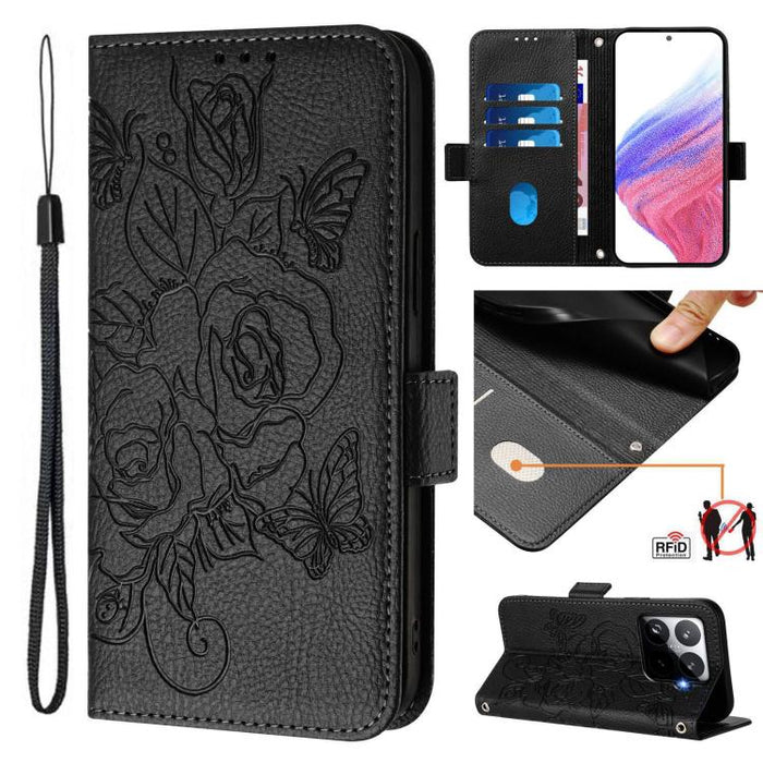 Funda de cuero antirrobo para teléfono con RFID y diseño de rosas en relieve, For Xiaomi Poco M7 4G 169mm, For Redmi 15 5G Global / 15 4G SEA 169.5mm, For Xiaomi 15T Pro 5G, For Xiaomi 15T 5G, For Xiaomi Civi 5 Pro 5G, For Xiaomi 15S Pro 5G            ...