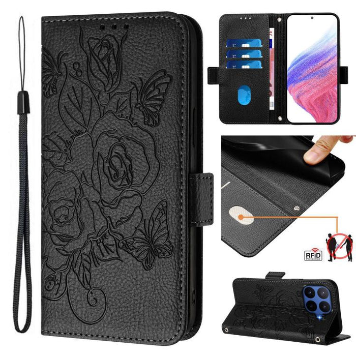 Funda de cuero antirrobo para teléfono con RFID y diseño de rosas en relieve, For Xiaomi Poco M7 4G 169mm, For Redmi 15 5G Global / 15 4G SEA 169.5mm, For Xiaomi 15T Pro 5G, For Xiaomi 15T 5G, For Xiaomi Civi 5 Pro 5G, For Xiaomi 15S Pro 5G            ...
