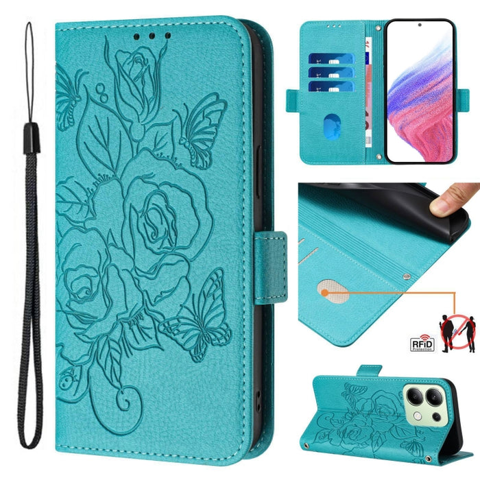 Funda de cuero antirrobo para teléfono con RFID y diseño de rosas en relieve, For Redmi K70 Ultra 5G Global, For Redmi 13 4G / Note 13R, For Redmi A3 / Xiaomi Poco C61 4G Global, For Redmi Note 13 Pro 4G Global, For Redmi 13C 4G Global / Xiaomi Poco C6...