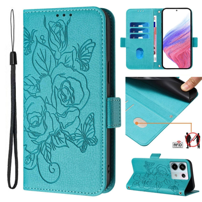 Funda de cuero antirrobo para teléfono con RFID y diseño de rosas en relieve, For Redmi K70 Ultra 5G Global, For Redmi 13 4G / Note 13R, For Redmi A3 / Xiaomi Poco C61 4G Global, For Redmi Note 13 Pro 4G Global, For Redmi 13C 4G Global / Xiaomi Poco C6...