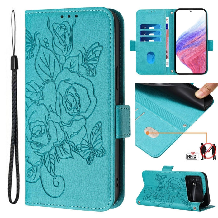 Funda de cuero antirrobo para teléfono con RFID y diseño de rosas en relieve, For Redmi Note 10 4G / Note 10S 4G, For Redmi Note 11 Pro+ 5G European, For Redmi 10C / Xiaomi Poco C40, For Redmi Note 11S 5G / Xiaomi Poco M4 Pro 5G, For Redmi 10A / 9C    ...