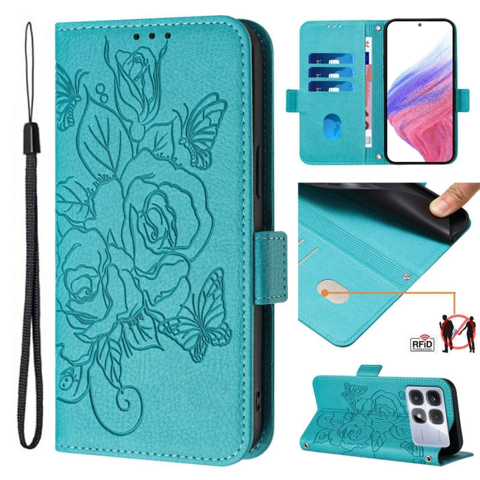 Funda de cuero antirrobo para teléfono con RFID y diseño de rosas en relieve, For Redmi K70 Ultra 5G Global, For Redmi 13 4G / Note 13R, For Redmi A3 / Xiaomi Poco C61 4G Global, For Redmi Note 13 Pro 4G Global, For Redmi 13C 4G Global / Xiaomi Poco C6...