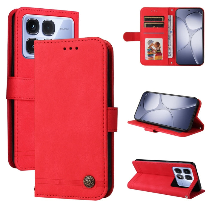 Funda de cuero para teléfono con botones de metal y diseño de árbol de la vida Skin Feel, For Redmi Note 14 4G 163.25mm Global, For Redmi Note 14 5G, For Redmi Note 14 Pro 5G / Note 14 Pro+ 5G, For Redmi 14C 4G, For Redmi K70 Ultra                     ...
