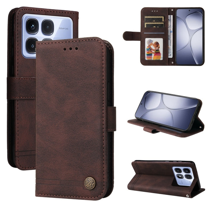 Funda de cuero para teléfono con botones de metal y diseño de árbol de la vida Skin Feel, For Redmi Note 14 4G 163.25mm Global, For Redmi Note 14 5G, For Redmi Note 14 Pro 5G / Note 14 Pro+ 5G, For Redmi 14C 4G, For Redmi K70 Ultra                     ...