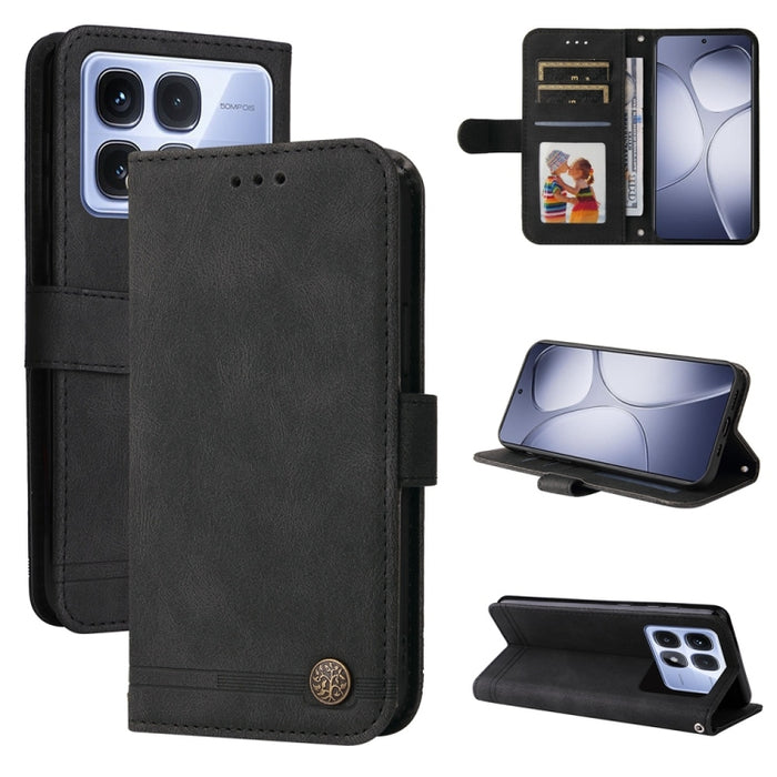 Funda de cuero para teléfono con botones de metal y diseño de árbol de la vida Skin Feel, For Redmi Note 14 4G 163.25mm Global, For Redmi Note 14 5G, For Redmi Note 14 Pro 5G / Note 14 Pro+ 5G, For Redmi 14C 4G, For Redmi K70 Ultra                     ...
