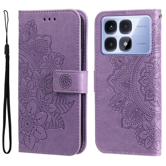 Funda para teléfono de cuero con estampado de flores de siete pétalos, For Redmi Note 14 4G 163.25mm Global, For Redmi Note 14 5G, For Redmi Note 14 Pro 5G / Note 14 Pro+ 5G, For Redmi 14C 4G, For Redmi K70 Ultra, For Redmi 13 4G / Redmi Note 13R