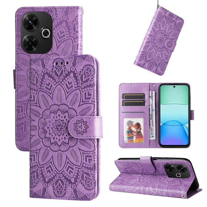 Funda para teléfono de piel con girasoles en relieve, For Redmi Note 14 4G 163.25mm Global, For Redmi Note 14 5G, For Redmi Note 14 Pro 5G / Note 14 Pro+ 5G, For Redmi 14C 4G, For Redmi K70 Ultra, For Redmi 13 4G / Redmi Note 13R