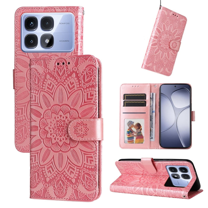 Funda para teléfono de piel con girasoles en relieve, For Redmi Note 14 4G 163.25mm Global, For Redmi Note 14 5G, For Redmi Note 14 Pro 5G / Note 14 Pro+ 5G, For Redmi 14C 4G, For Redmi K70 Ultra, For Redmi 13 4G / Redmi Note 13R