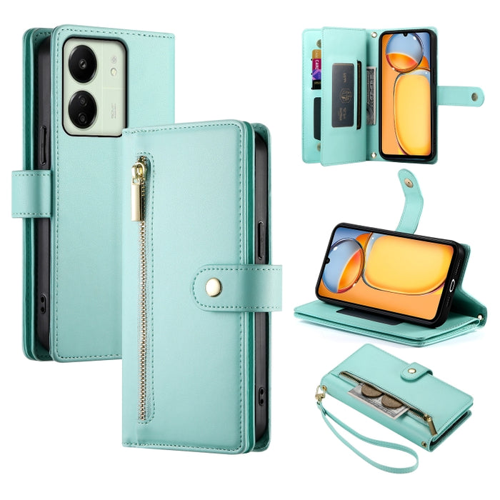 Cartera con cremallera y nueve ranuras para tarjetas, funda de cuero para teléfono, For Redmi Note 14 4G 163.25mm Global, For Redmi 14C 4G, For Redmi K70 Ultra, For Redmi 13, For Redmi Turbo 3, For Redmi Note 13 Pro 4G / Xiaomi Poco M6 Pro, For Redmi A...